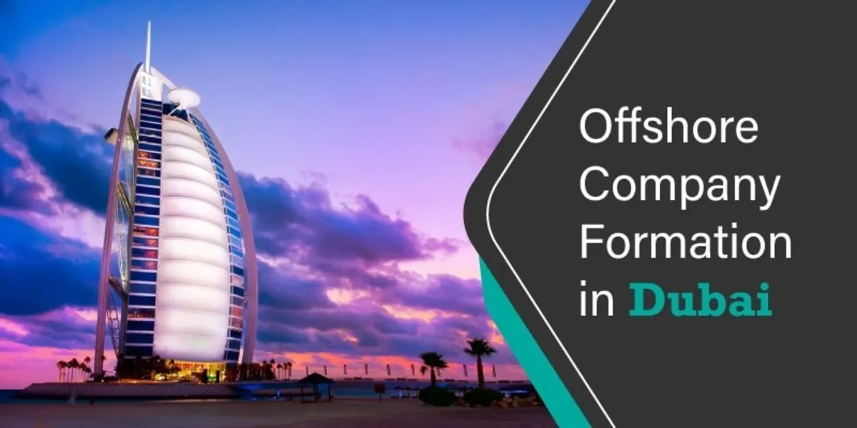  An iconic sail-shaped building at dusk with text 'Offshore Company Formation in Dubai.'